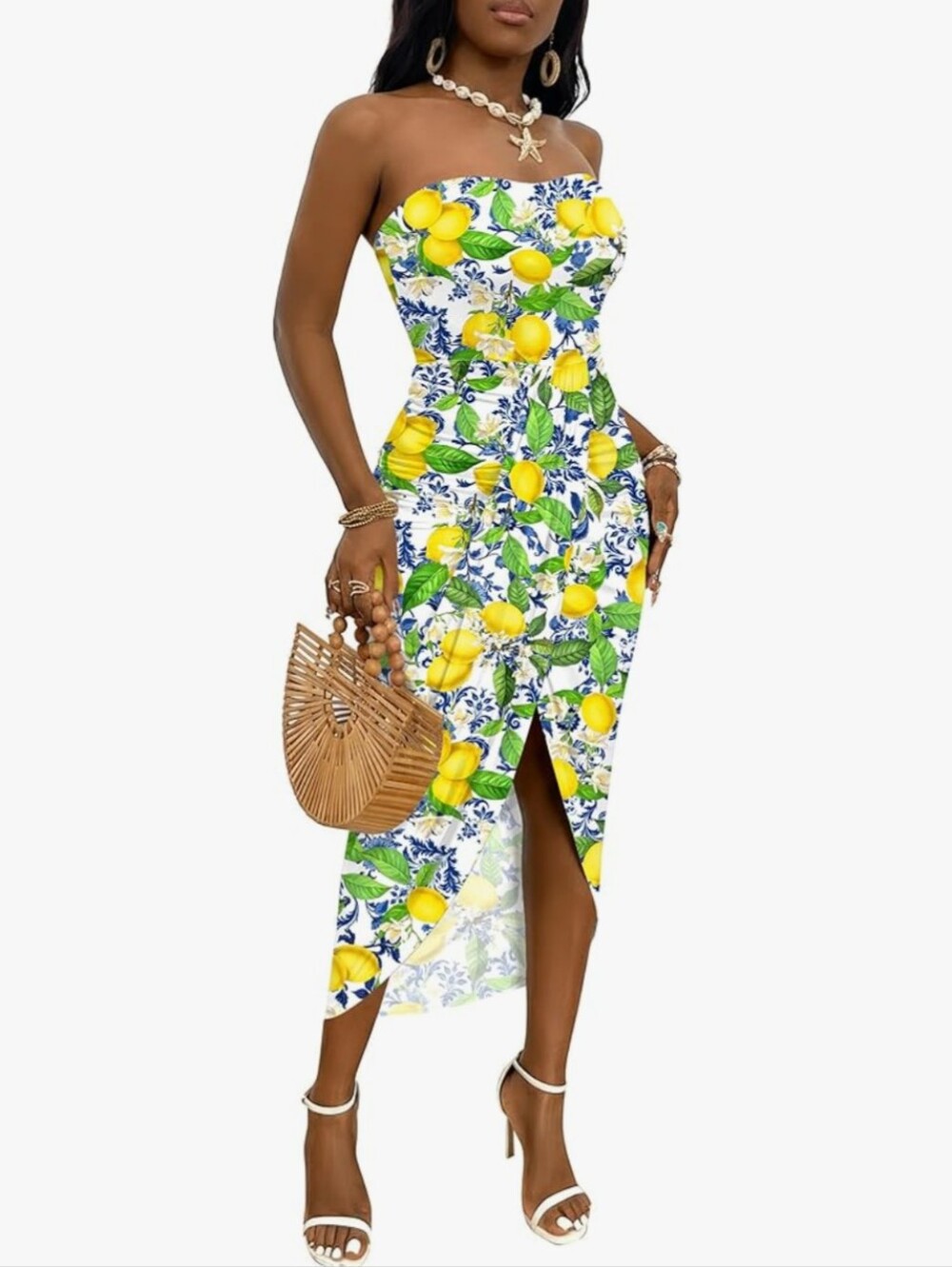 Women's Strapless Ruched High Waist Wrap Split Asymmetrical Maxi Long Dress